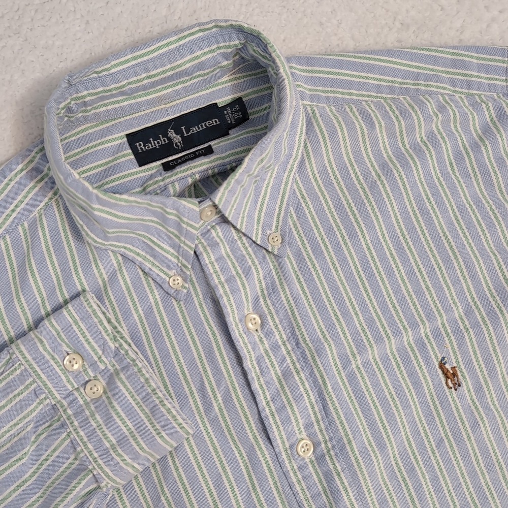 Ralph Lauren Men's 16.5 34 Shirt L/S Blue Button Down Flesh Pony Classic Fit‎